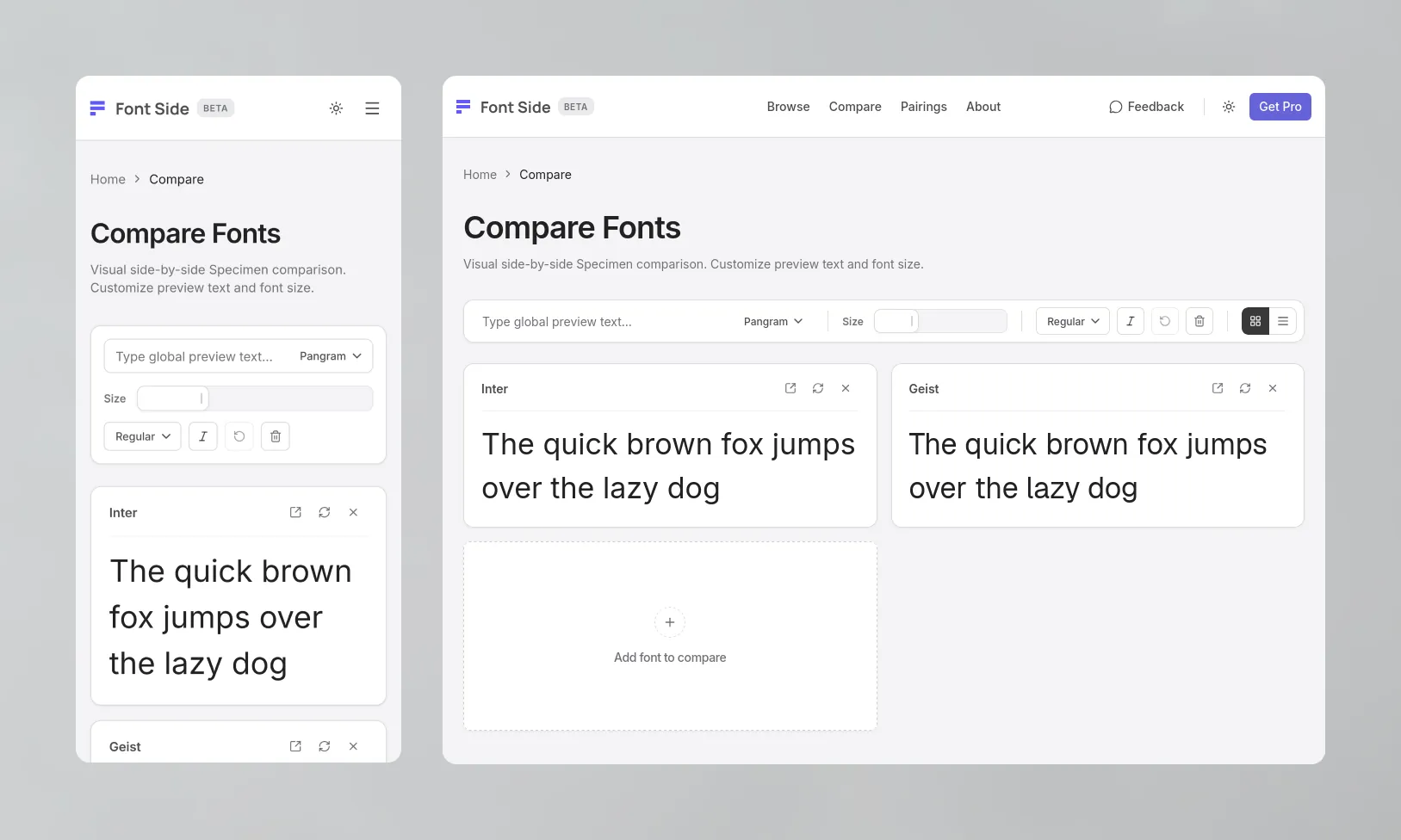 FontSide personality filter sliders and side-by-side font comparison cards for Inter and Geist