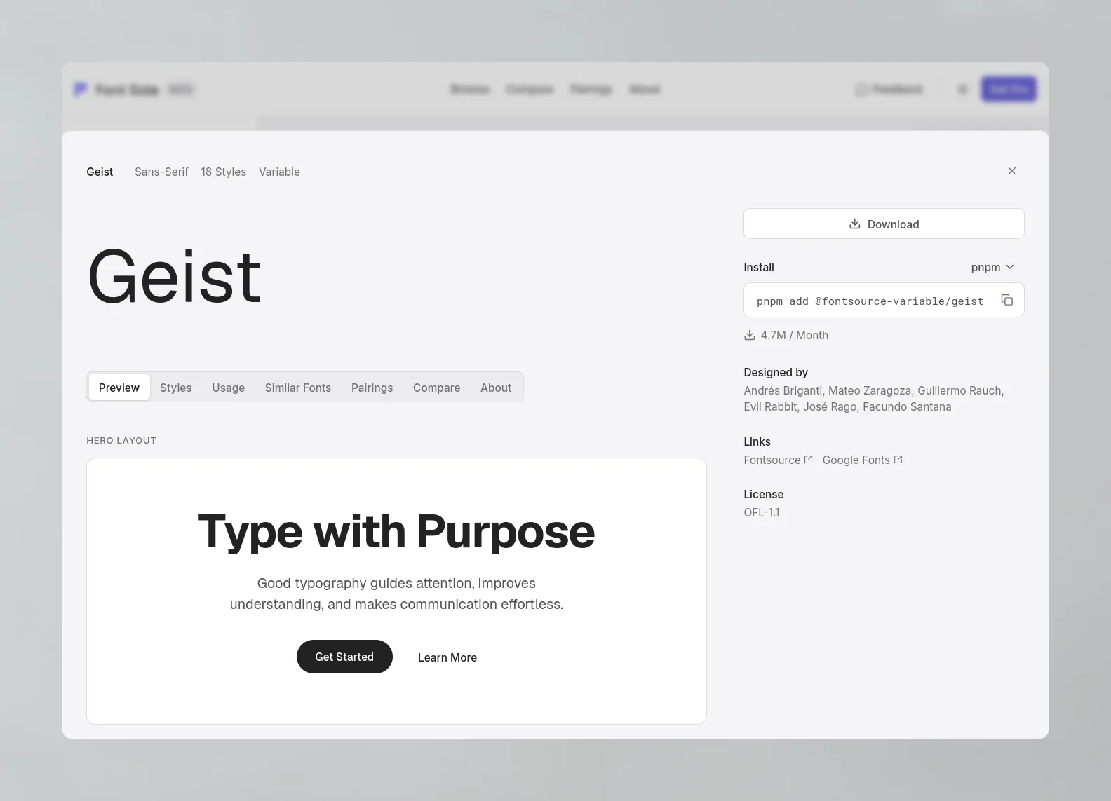 Slide-over font specimen drawer for Geist displaying typeface metadata, interactive hero layout preview, package install command, and licensing details