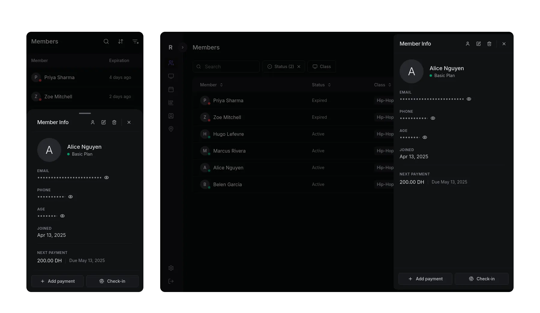 Mobile bottom sheet and desktop slide-over drawer displaying member profile details while preserving list context